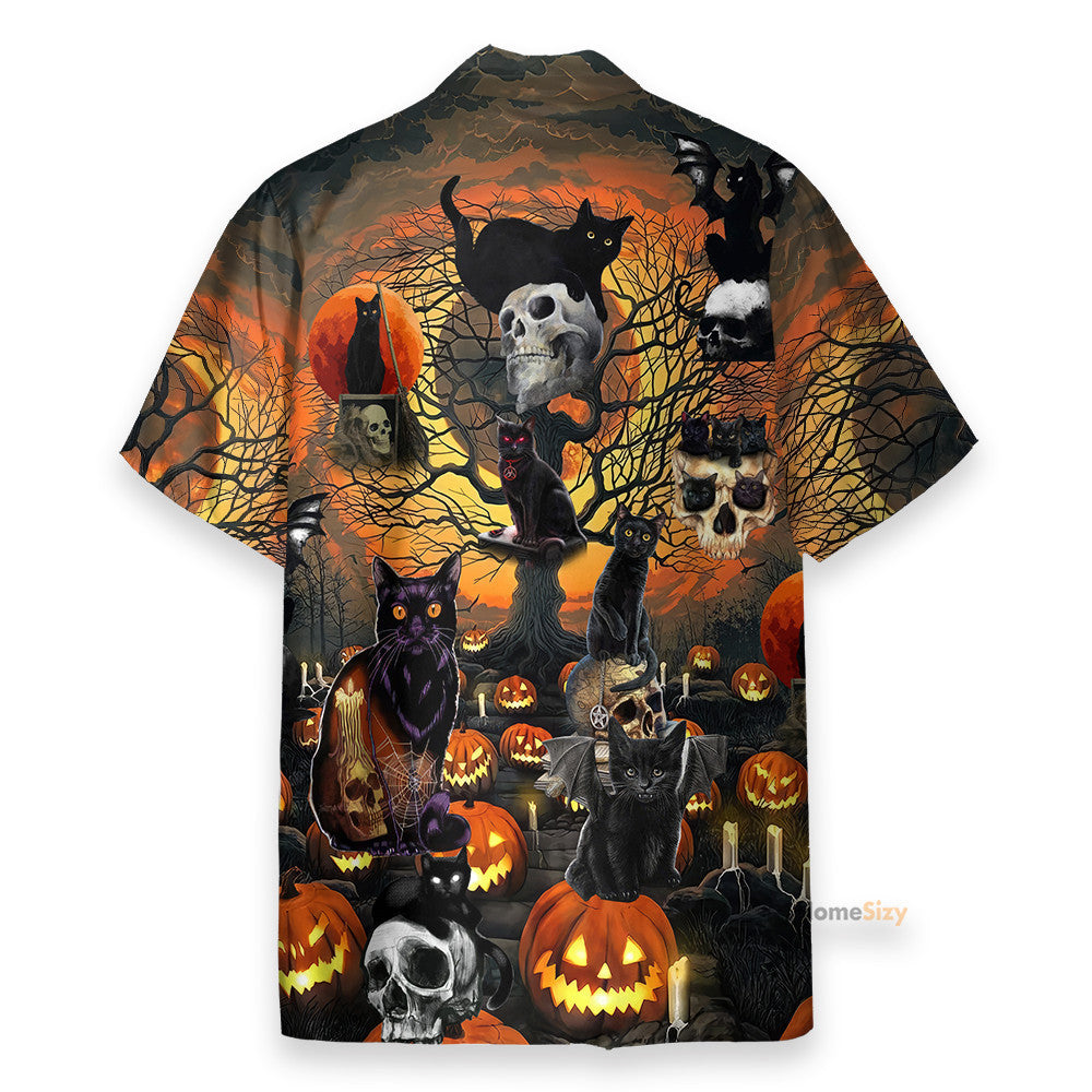 Skull With Black Cat Halloween - Hawaiian Shirt