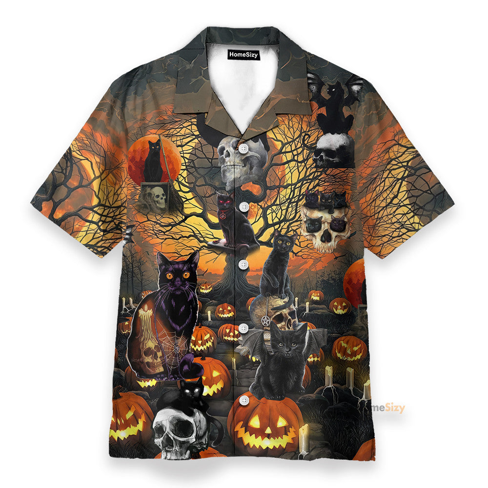 Skull With Black Cat Halloween - Hawaiian Shirt