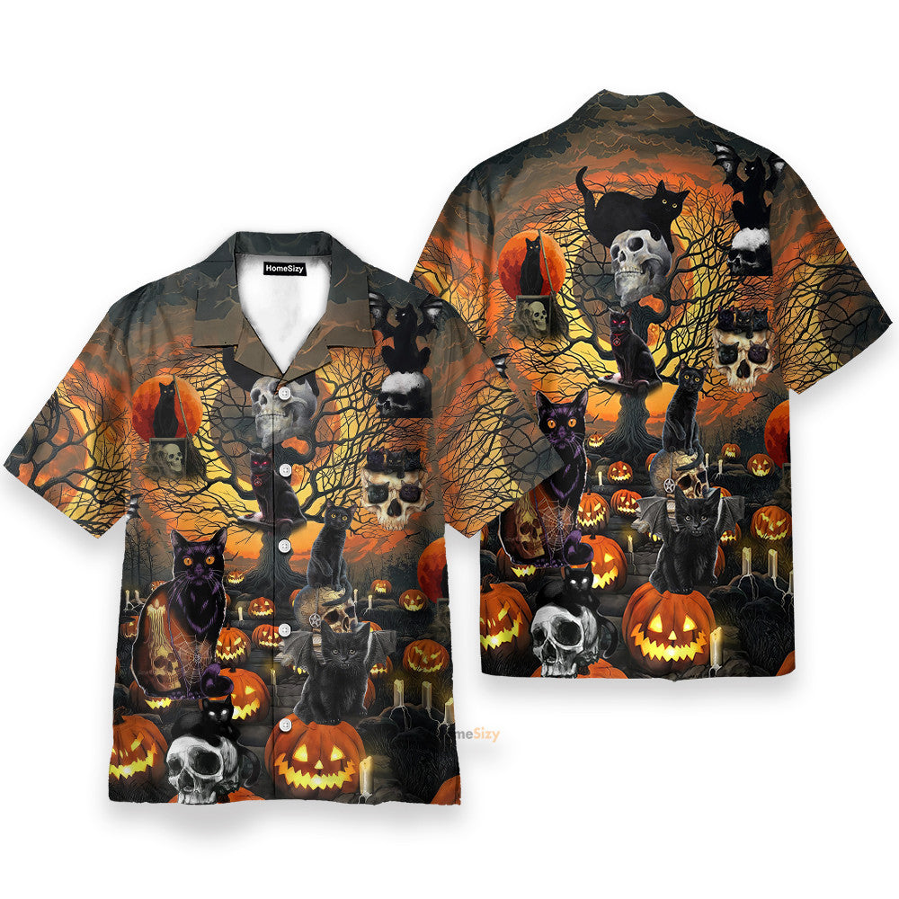 Skull With Black Cat Halloween - Hawaiian Shirt