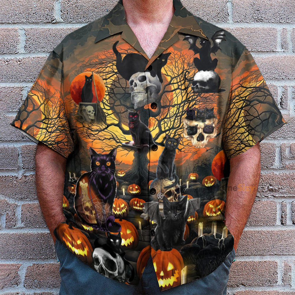Skull With Black Cat Halloween - Hawaiian Shirt