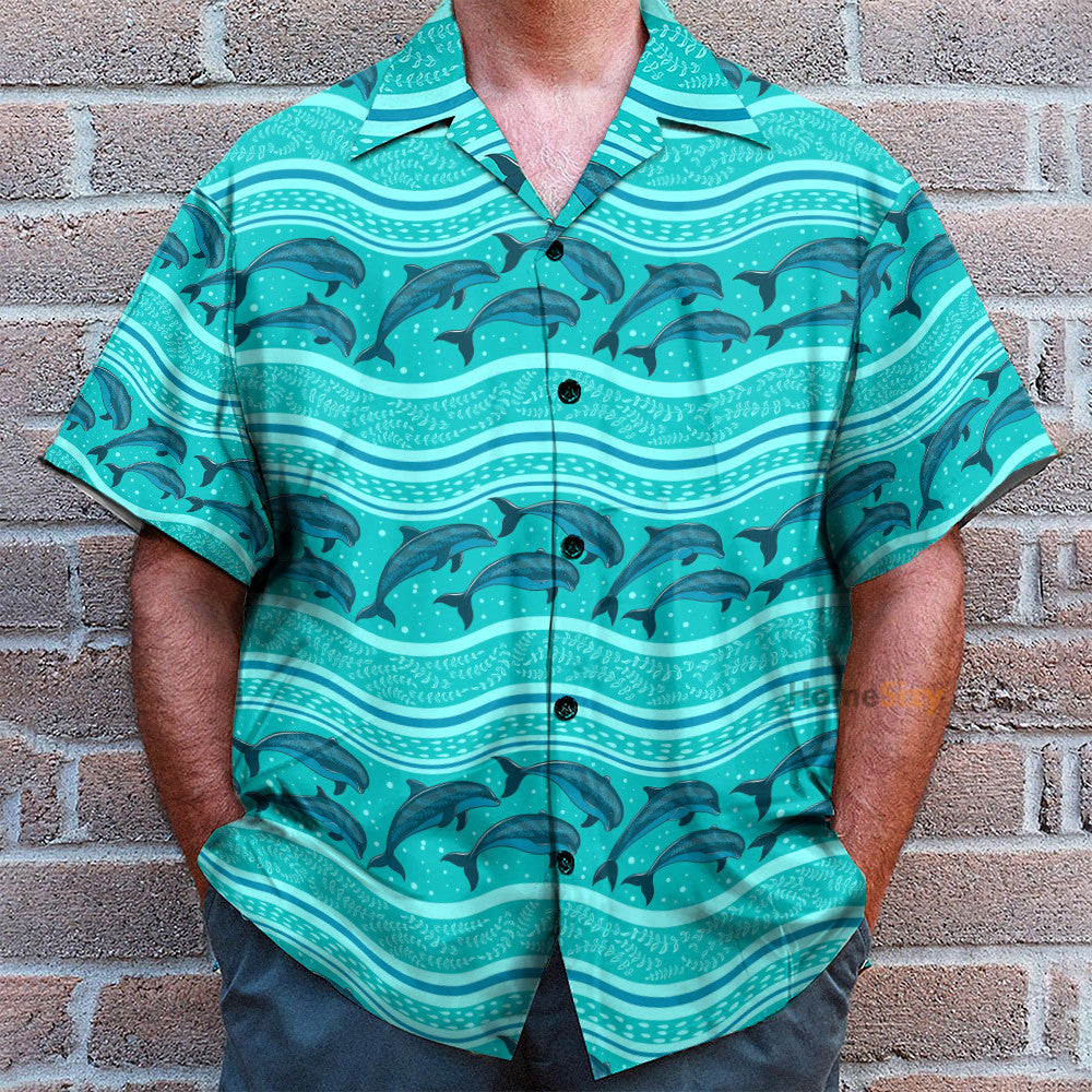 Dolphin Wave Pattern Blue Ocean - Hawaiian Shirt & Beach Shorts