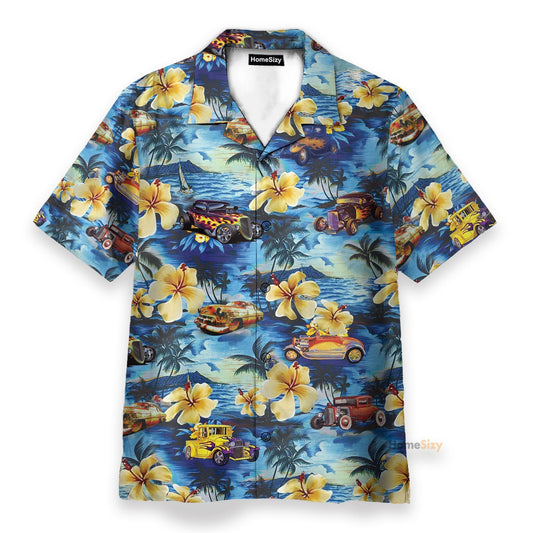 Hot Rod Car And Flowers On The Beach - Hawaiian Shirt & Beach Shorts