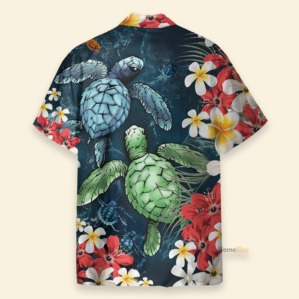 Sea Turtle And Plumeria Flowers Pattern - Hawaiian Shirt