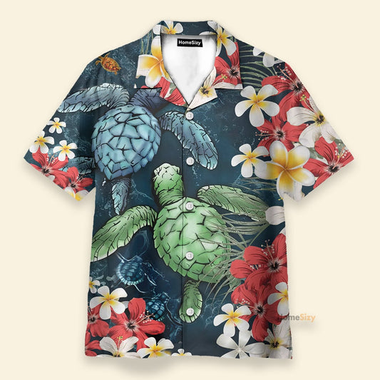 Sea Turtle And Plumeria Flowers Pattern - Hawaiian Shirt