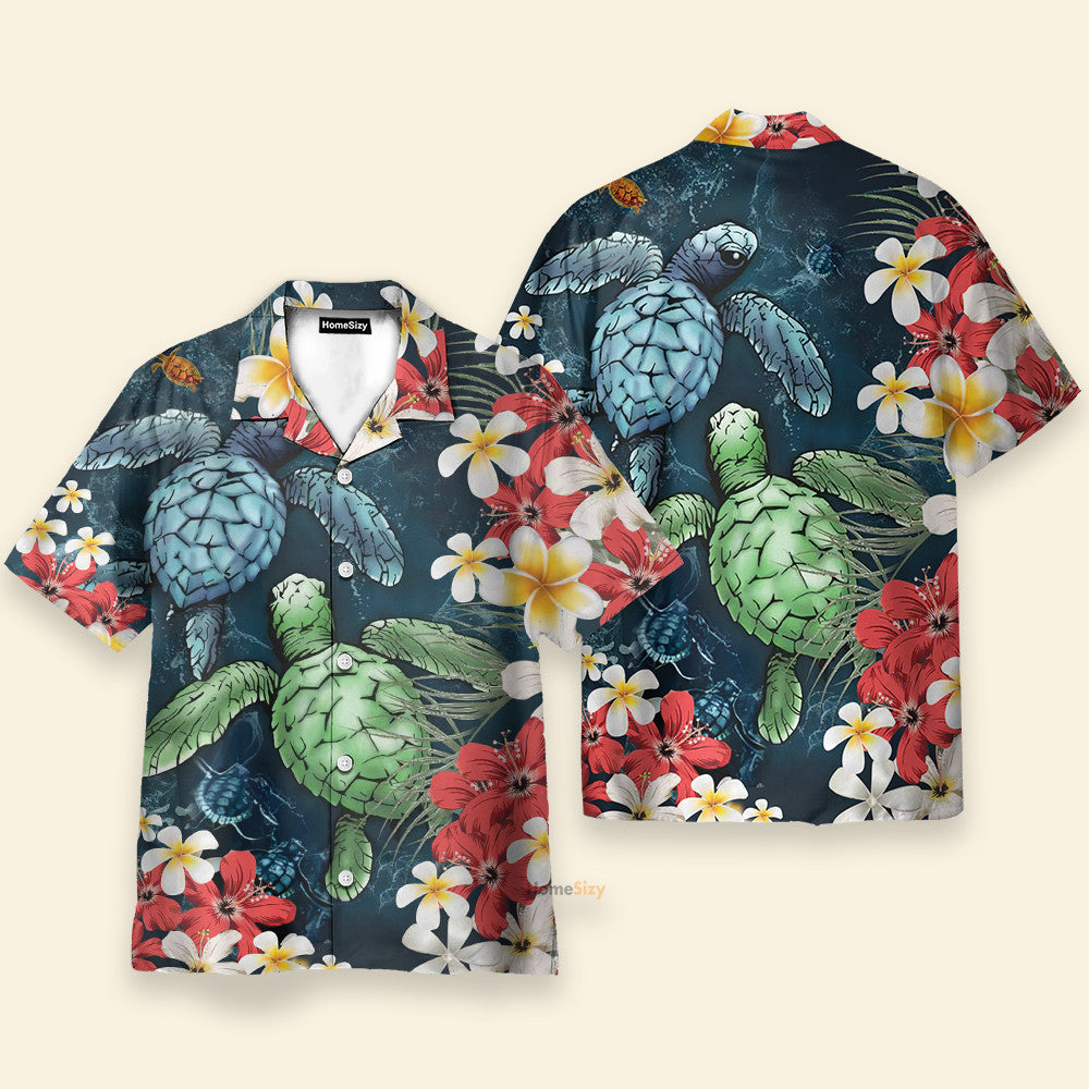 Sea Turtle And Plumeria Flowers Pattern - Hawaiian Shirt