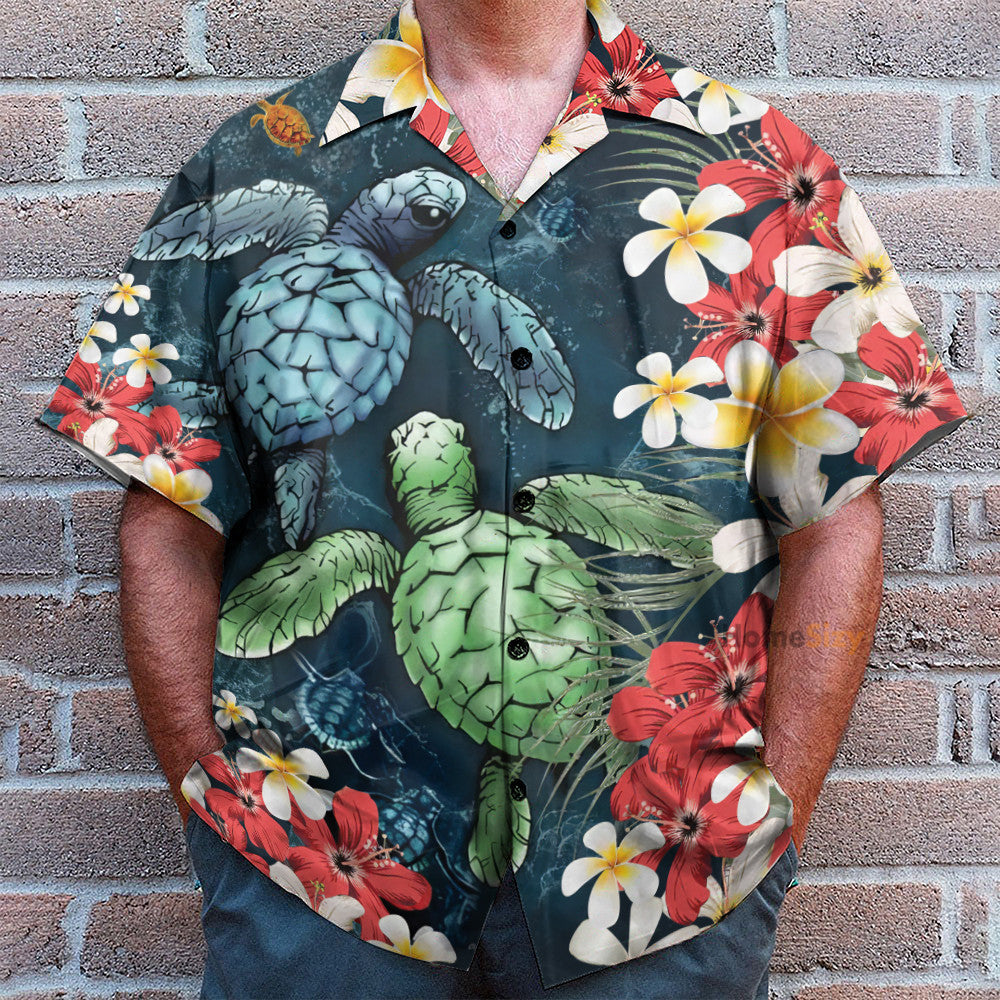 Sea Turtle And Plumeria Flowers Pattern - Hawaiian Shirt