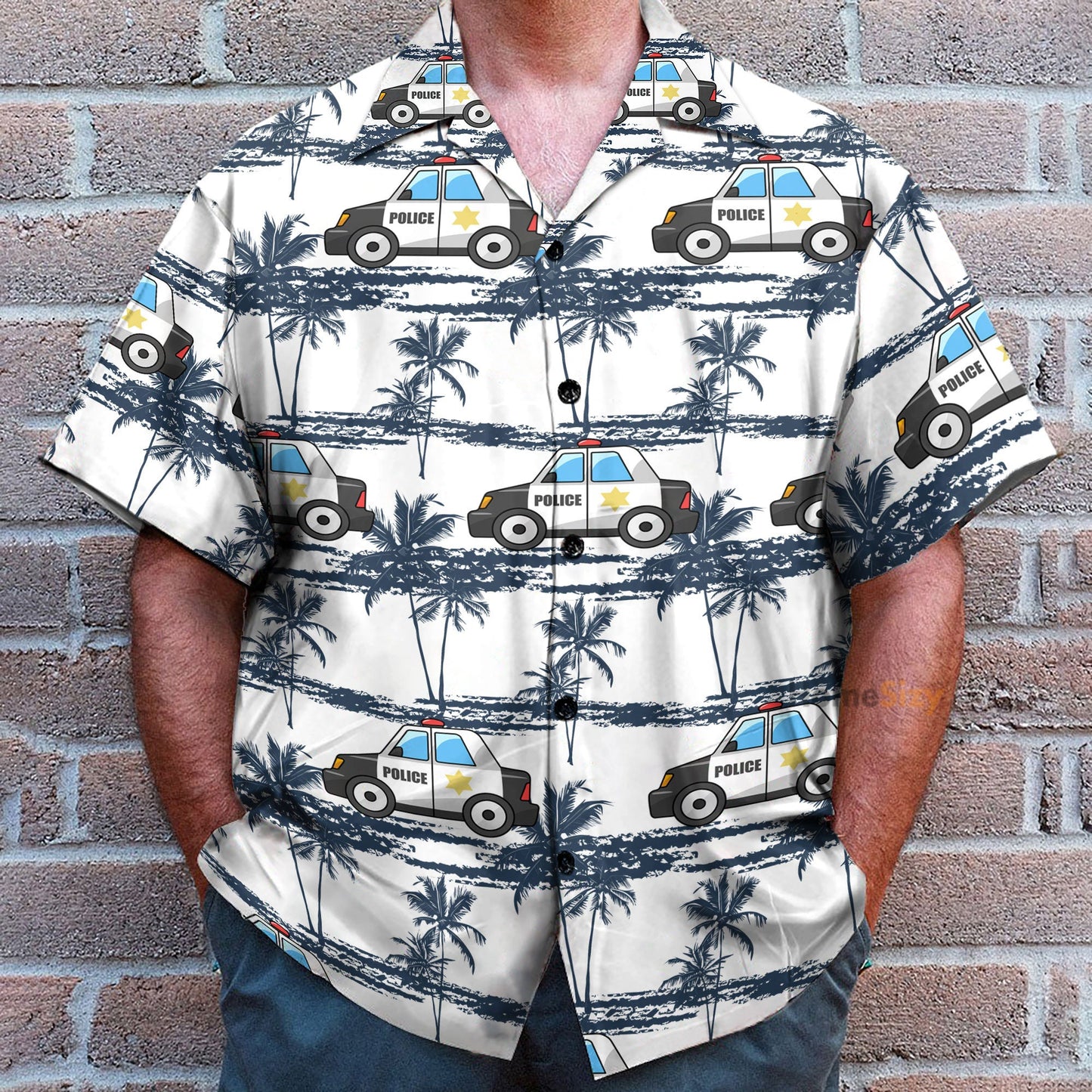 Police Car Tropical Coconut Tree Pattern - Hawaiian Shirt & Beach Shorts