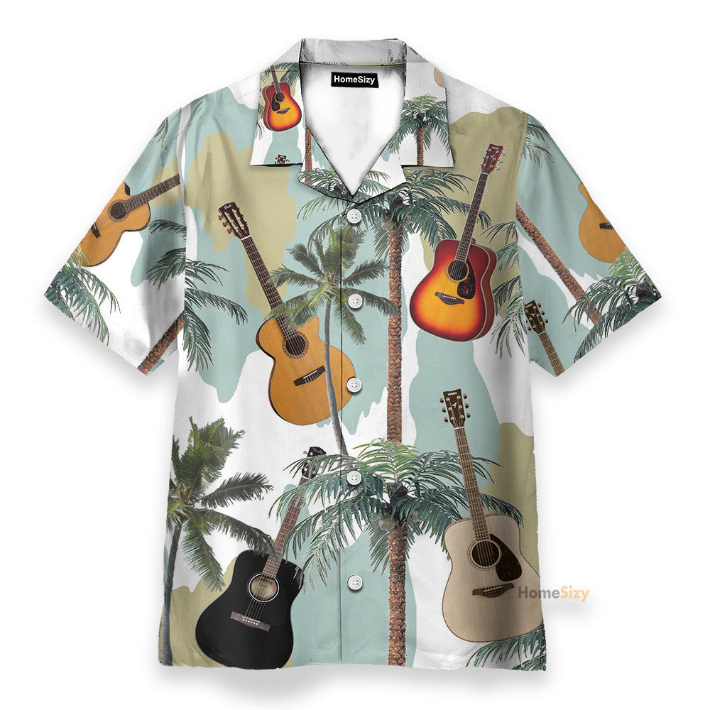 Guitars And Coconut Tree Tropical Pattern - Hawaiian Shirt