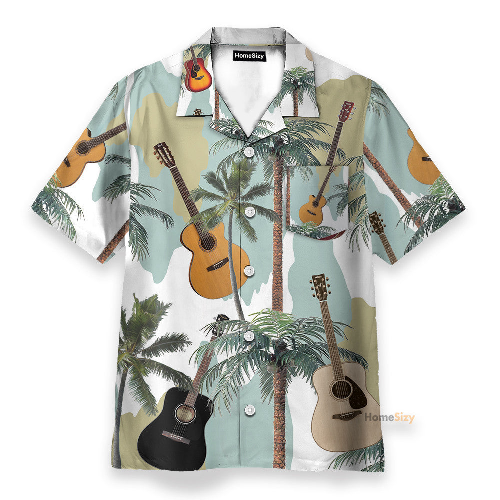 Guitars And Coconut Tree Tropical Pattern - Hawaiian Shirt