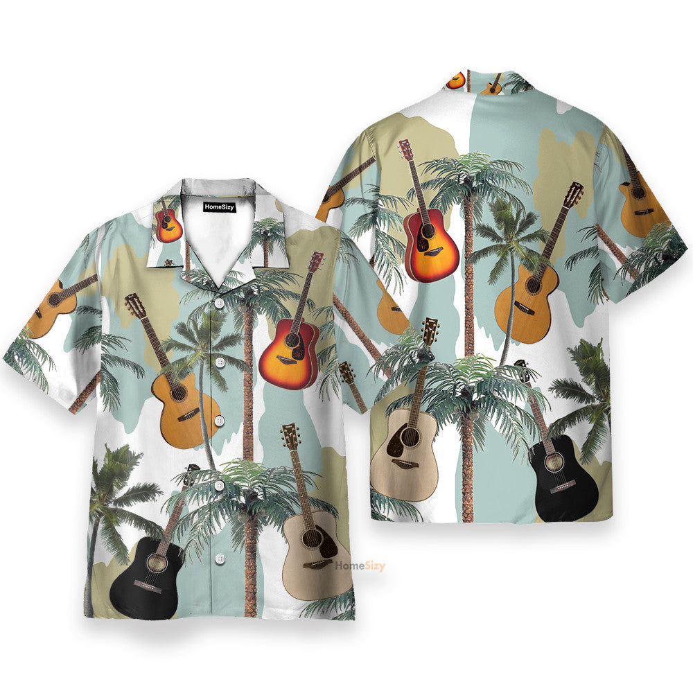 Guitars And Coconut Tree Tropical Pattern - Hawaiian Shirt