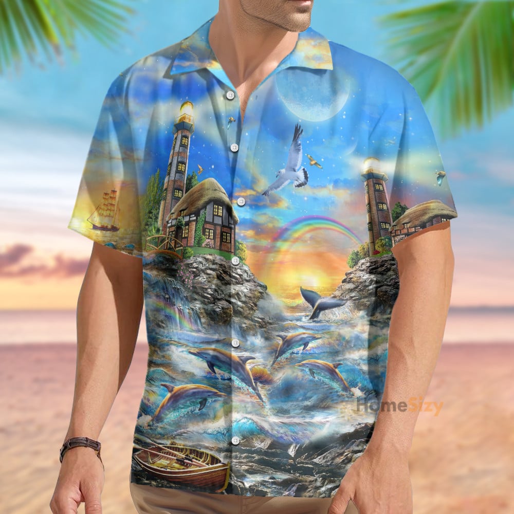 Lighthouse Beside The Sea In Sunset - Hawaiian Shirt