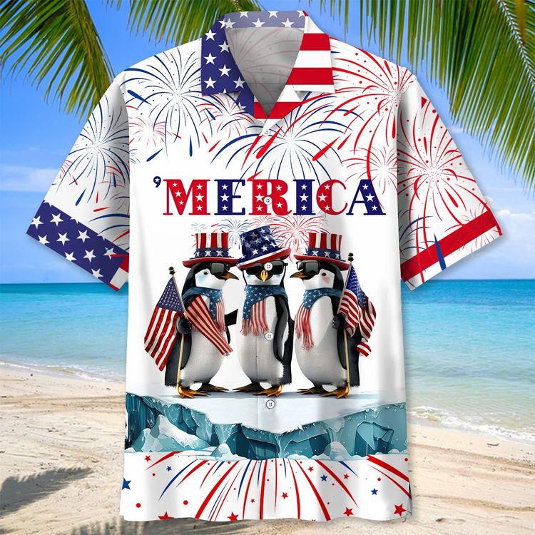 Funny Hawaiian Shirt 4Th Of July, Penguins Hawaiian Shirt Independence Day, Penguin Lover Gifts
