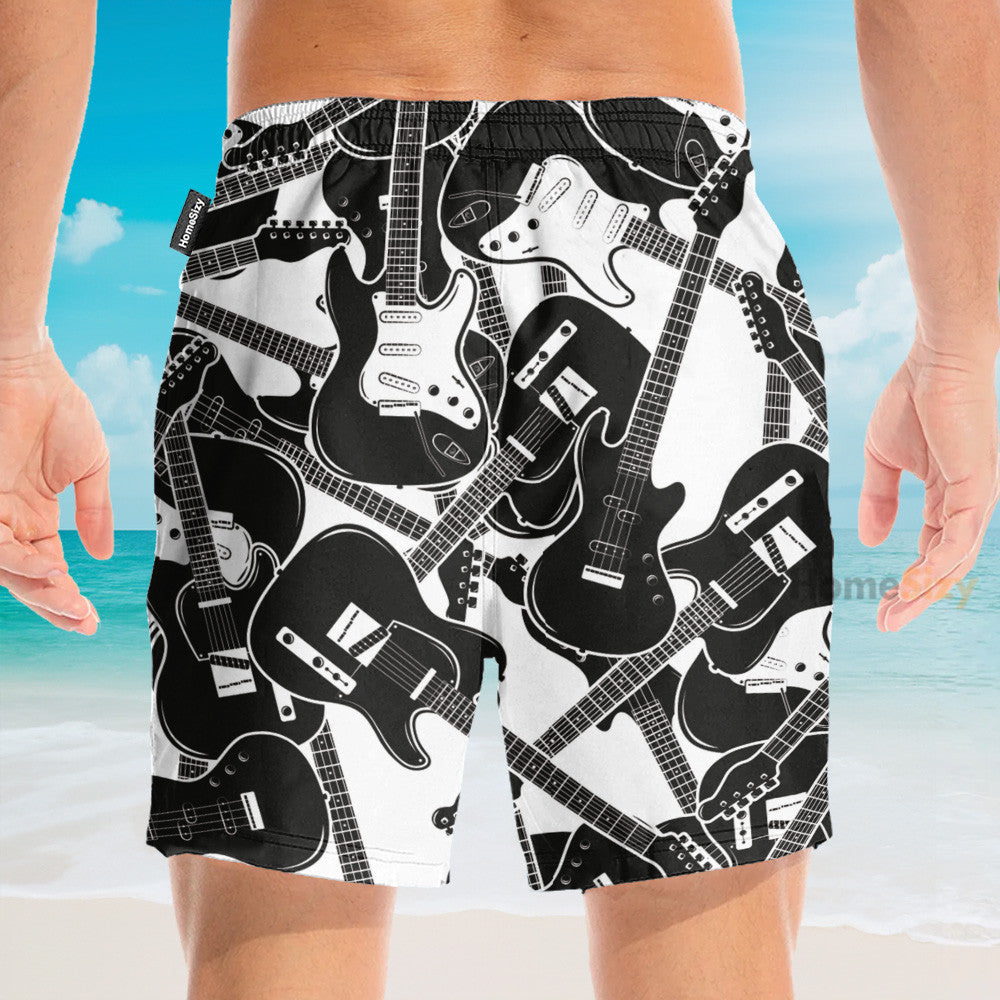Black And White Electric Guitar - Hawaiian Shirt & Beach Shorts
