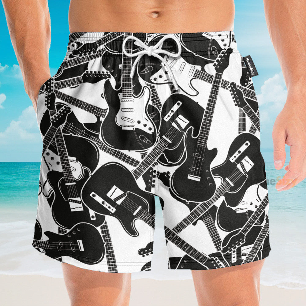 Black And White Electric Guitar - Hawaiian Shirt & Beach Shorts