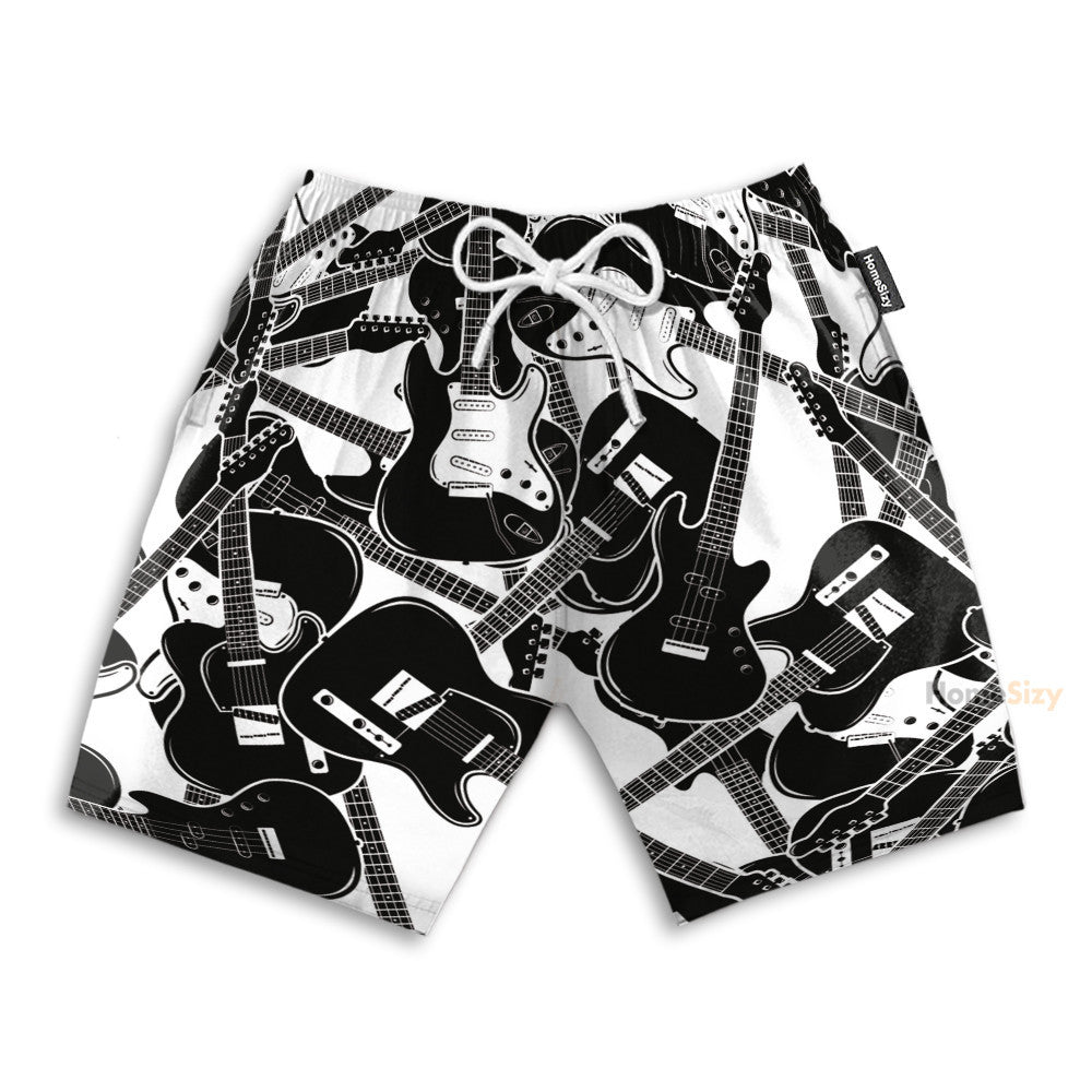 Black And White Electric Guitar - Hawaiian Shirt & Beach Shorts