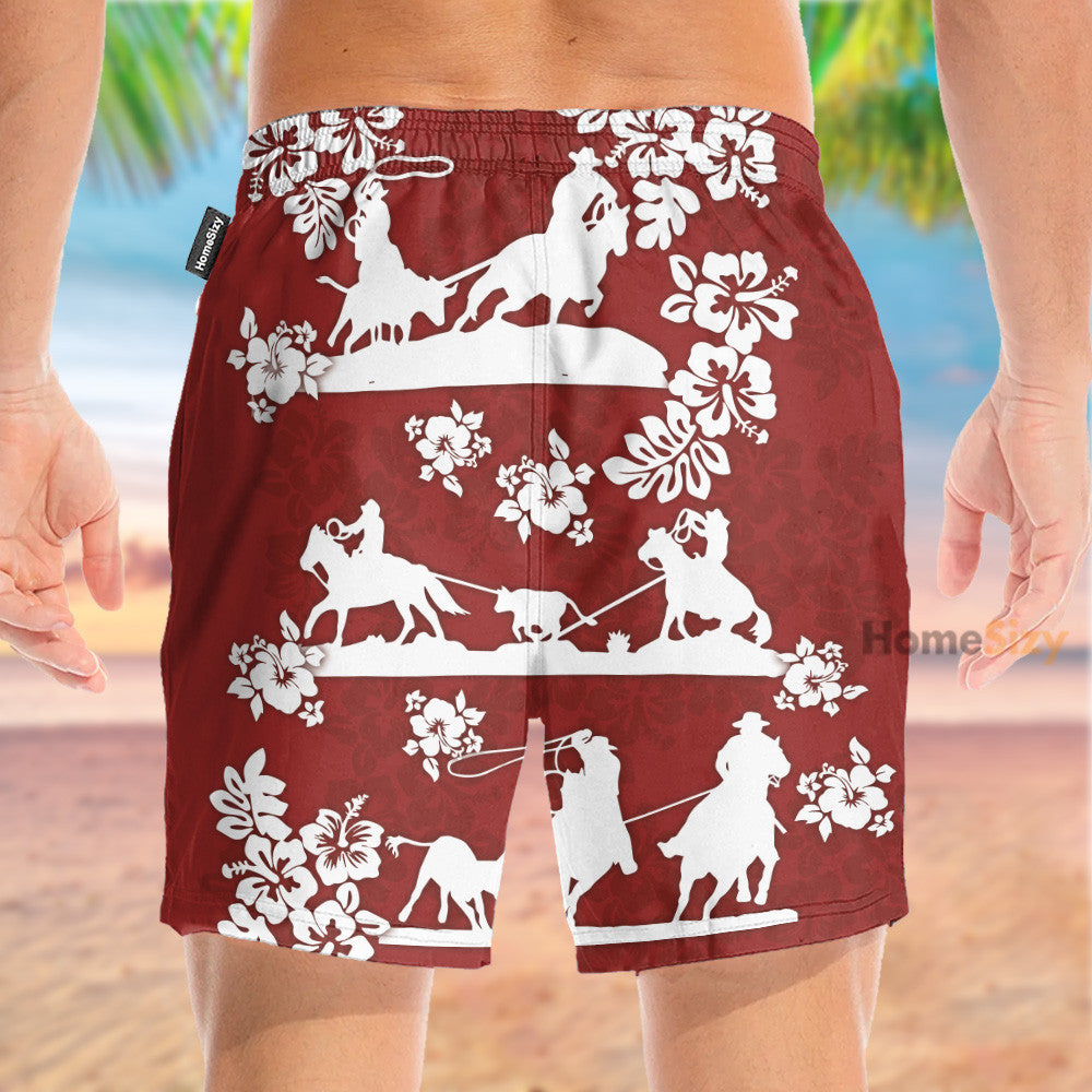 Horse Racing Cowboy Red Team Roping - Hawaiian Shirt & Beach Shorts