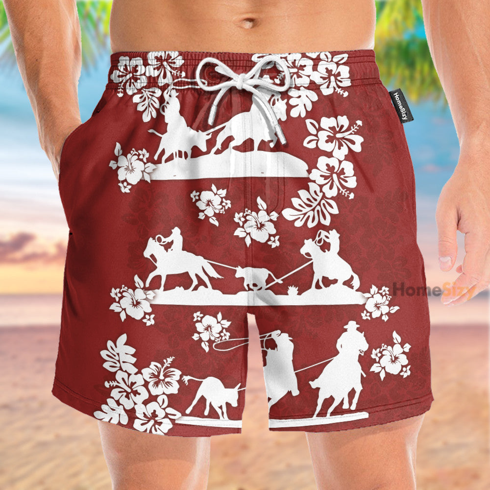 Horse Racing Cowboy Red Team Roping - Hawaiian Shirt & Beach Shorts