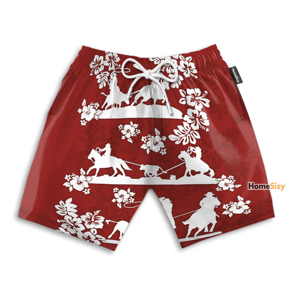 Horse Racing Cowboy Red Team Roping - Hawaiian Shirt & Beach Shorts