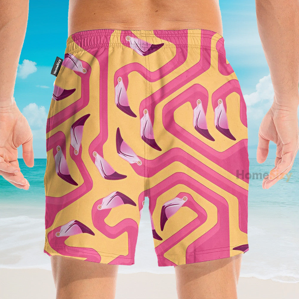 Pink Flamingo Maze Yellow Background - Hawaiian Shirt & Beach Shorts