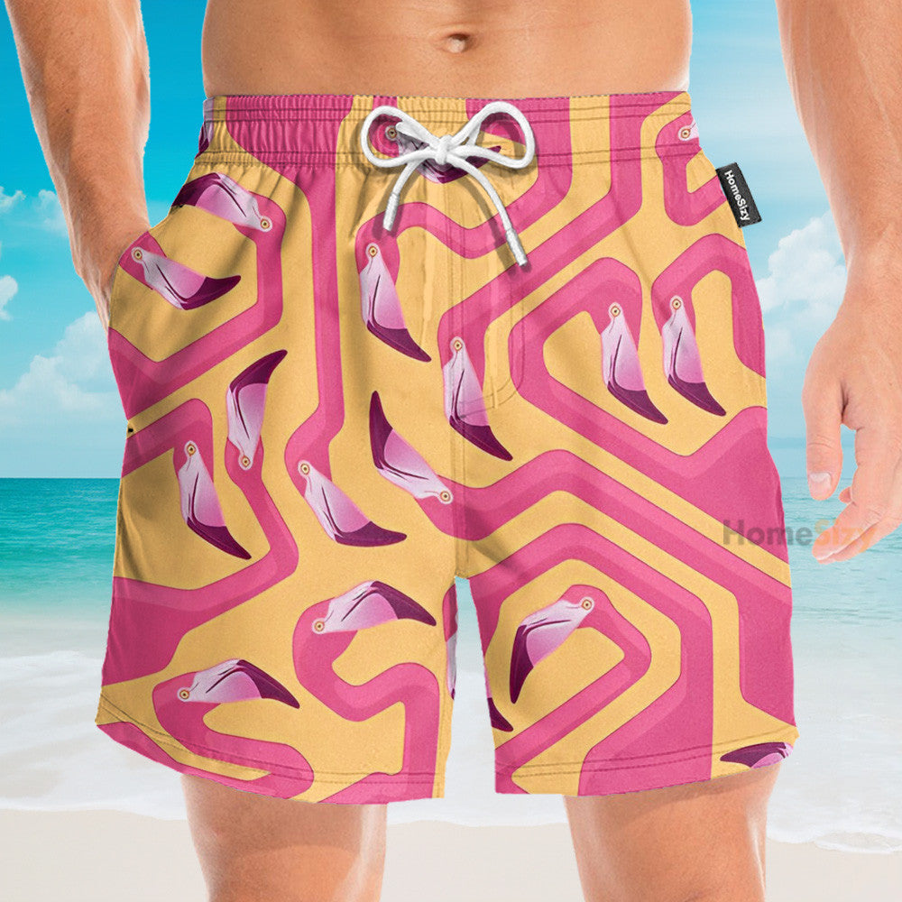 Pink Flamingo Maze Yellow Background - Hawaiian Shirt & Beach Shorts