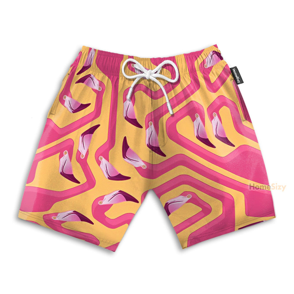 Pink Flamingo Maze Yellow Background - Hawaiian Shirt & Beach Shorts