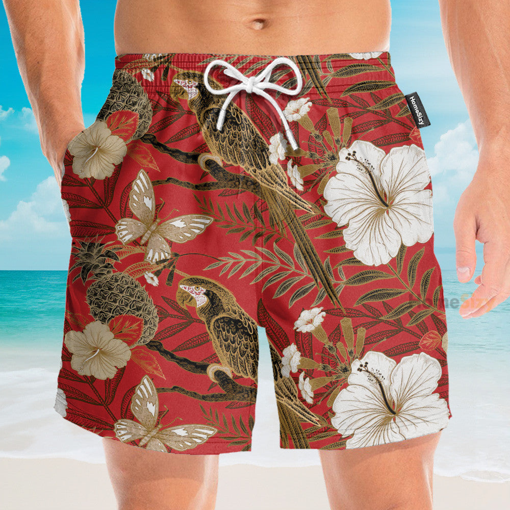 Parrot and Flower Tropical Pattern Japanese Style - Hawaiian Shirt & Beach Shorts