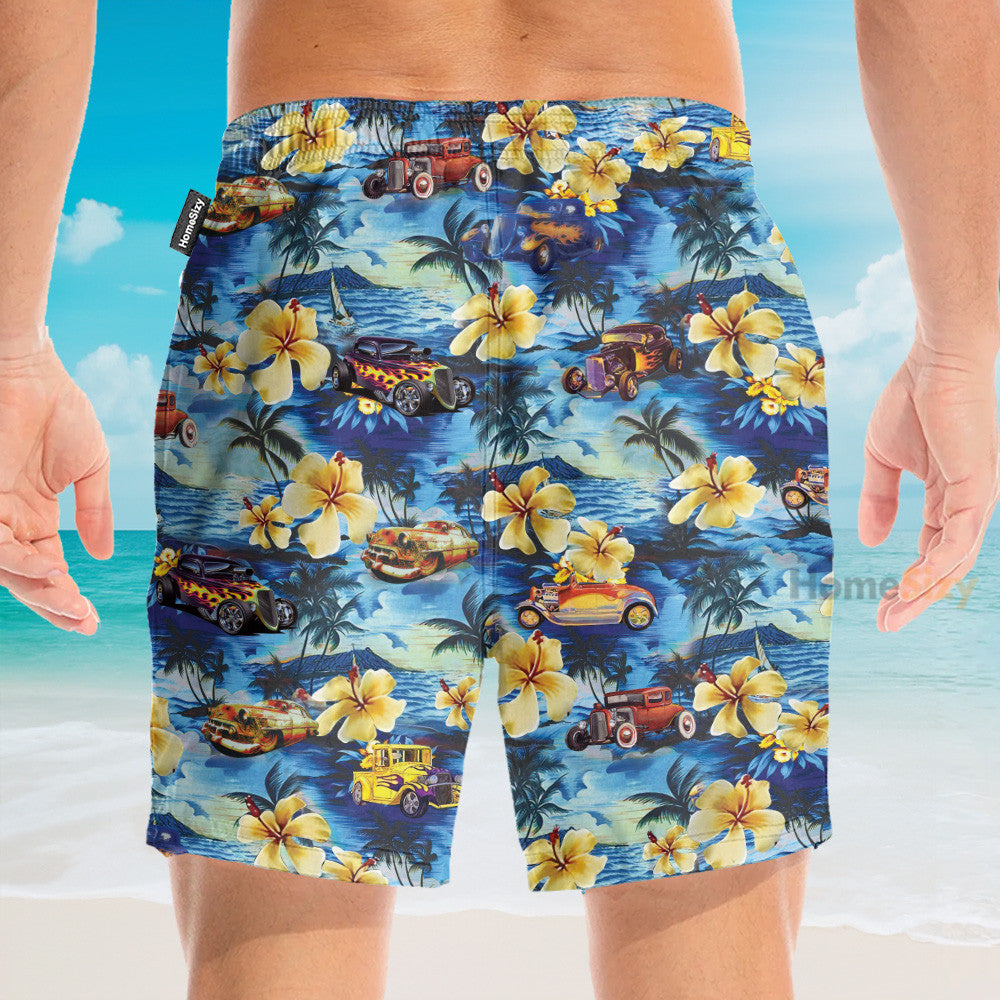 Hot Rod Car And Flowers On The Beach - Hawaiian Shirt & Beach Shorts