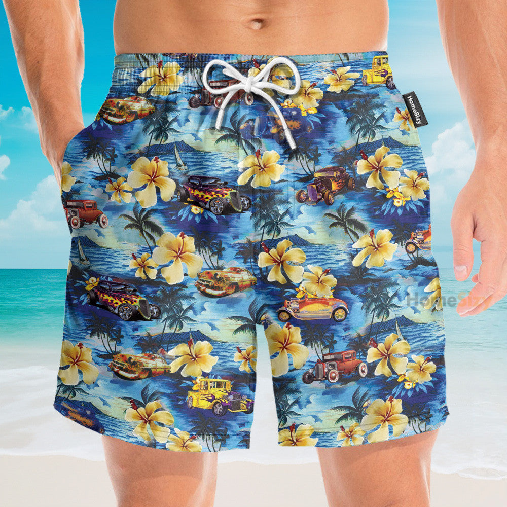 Hot Rod Car And Flowers On The Beach - Hawaiian Shirt & Beach Shorts