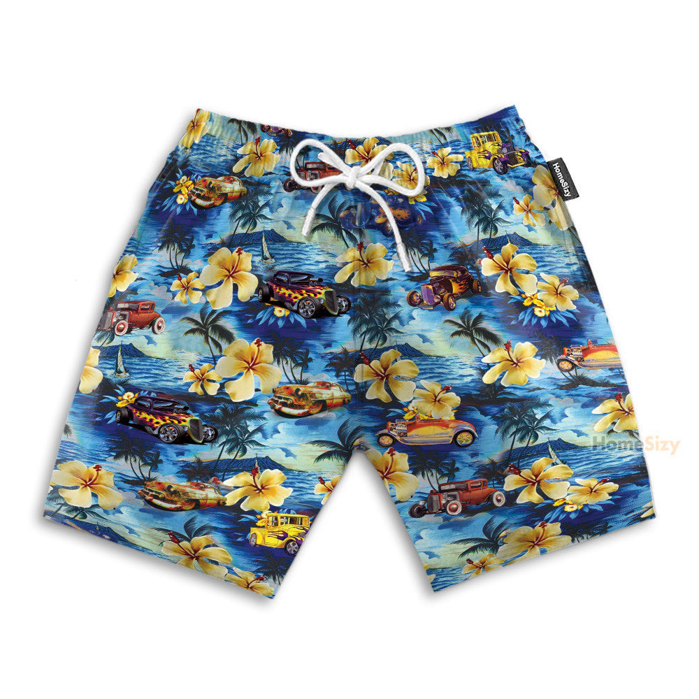 Hot Rod Car And Flowers On The Beach - Hawaiian Shirt & Beach Shorts