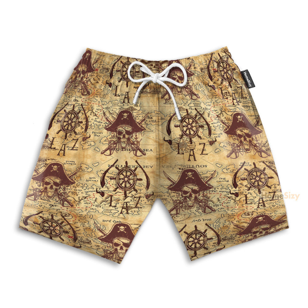 Pirate Skull Vintage Nautical Map Pattern - Hawaiian Shirt & Beach Shorts