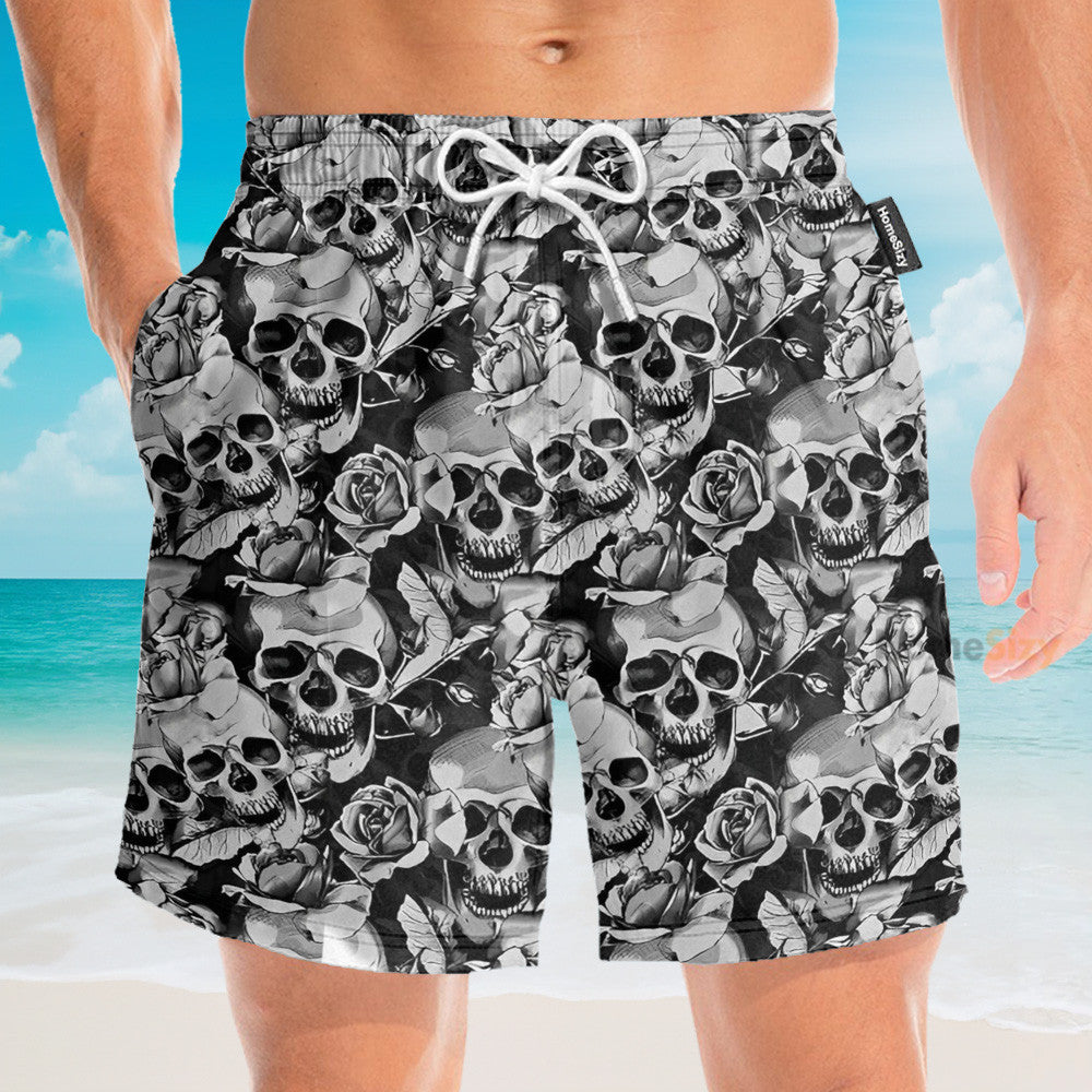 Black And White Skull - Hawaiian Shirt & Beach Shorts