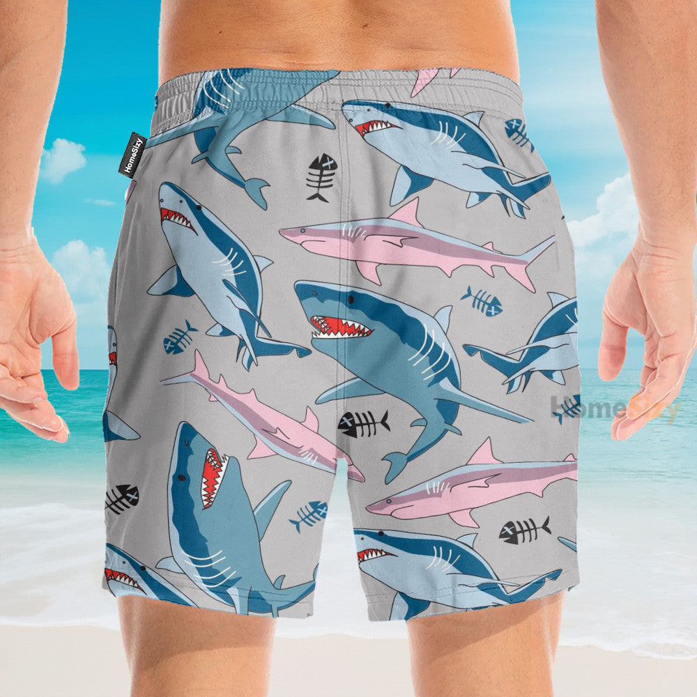 Blue And Pink Shark In The Ocean - Hawaiian Shirt & Beach Shorts