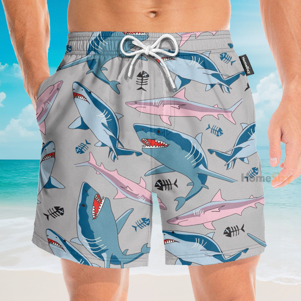 Blue And Pink Shark In The Ocean - Hawaiian Shirt & Beach Shorts