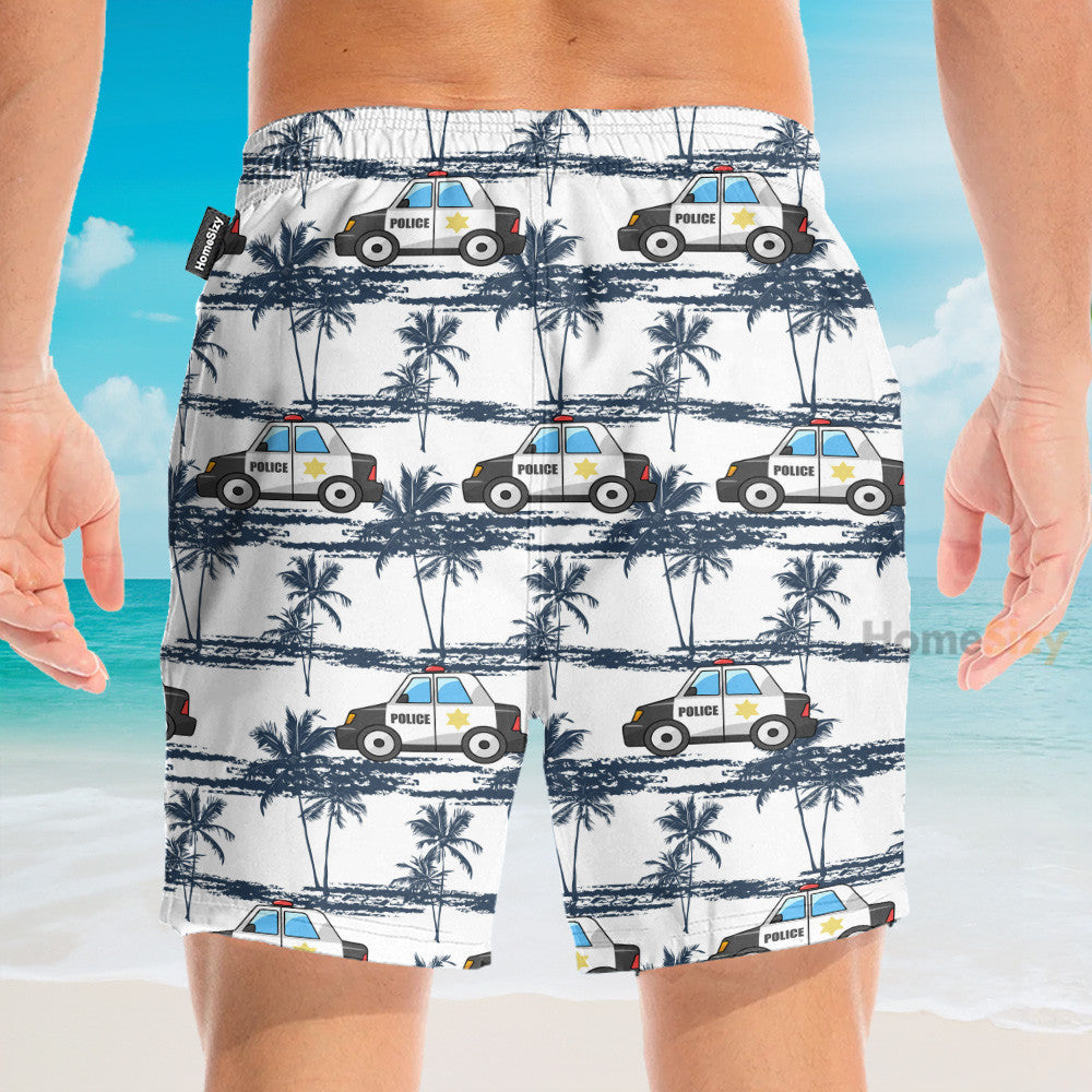 Police Car Tropical Coconut Tree Pattern - Hawaiian Shirt & Beach Shorts