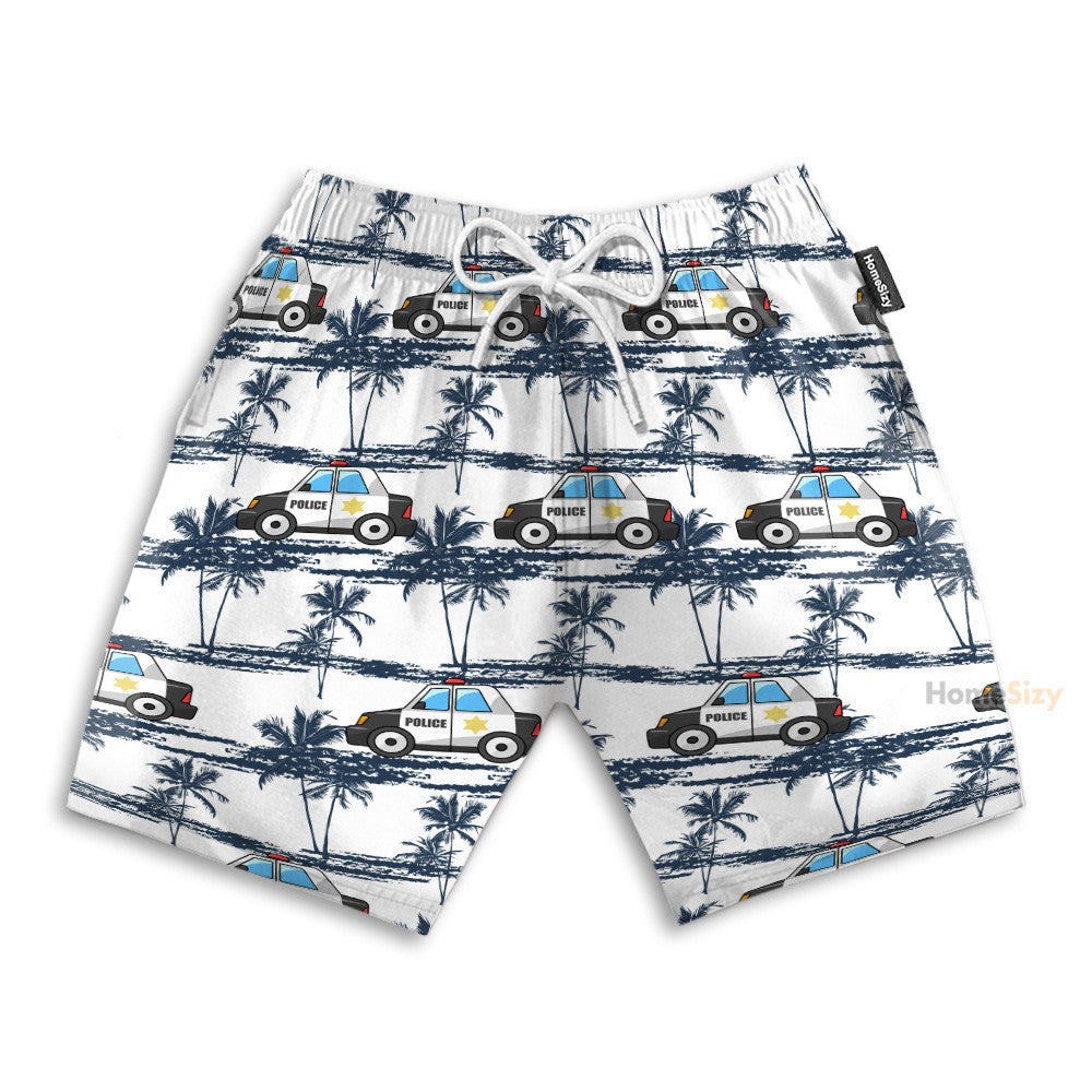 Police Car Tropical Coconut Tree Pattern - Hawaiian Shirt & Beach Shorts