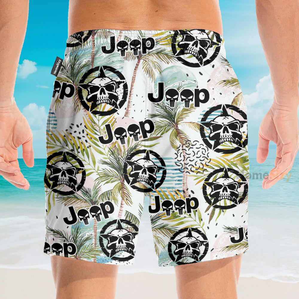 Jeep Skull Tropical Leaves Pattern - Hawaiian Shirt & Beach Shorts