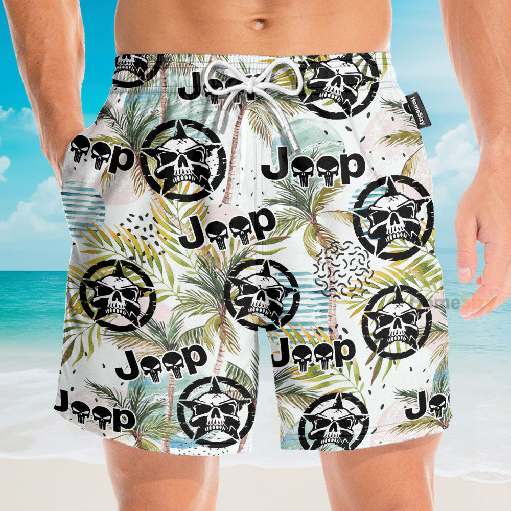 Jeep Skull Tropical Leaves Pattern - Hawaiian Shirt & Beach Shorts