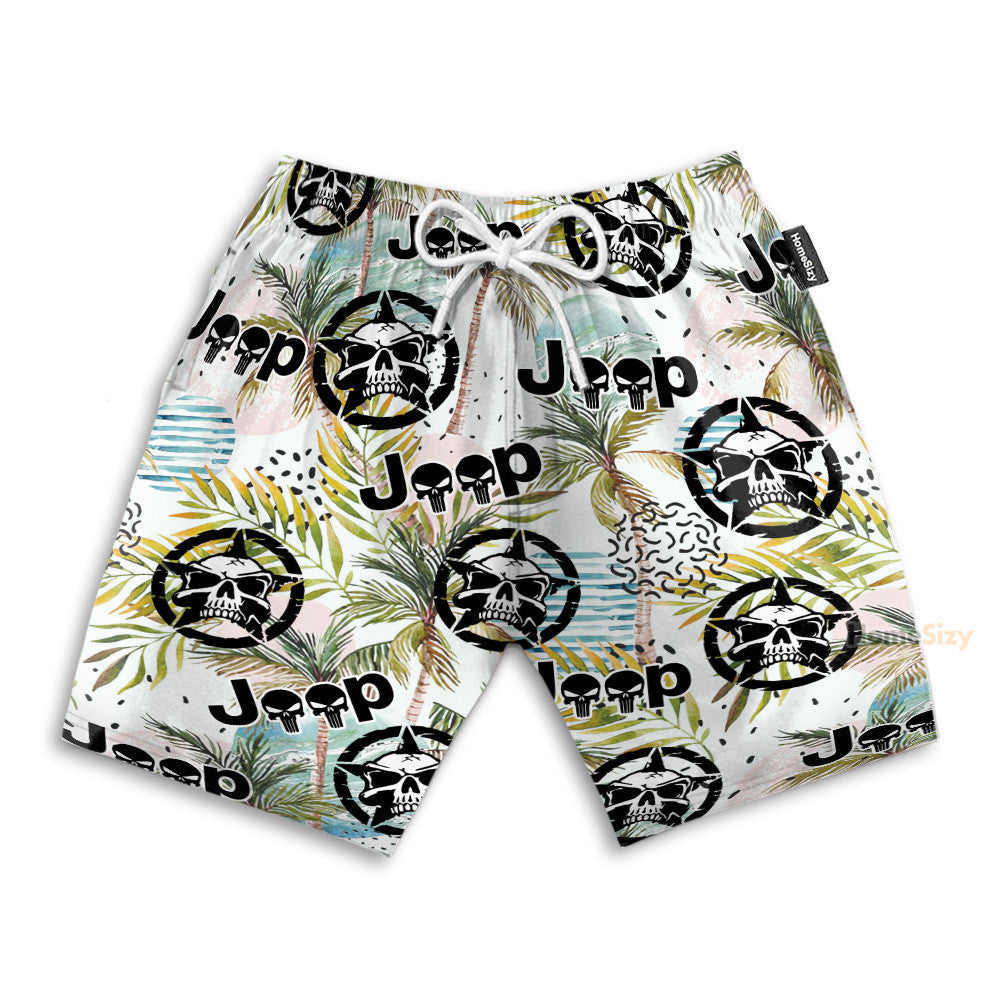 Jeep Skull Tropical Leaves Pattern - Hawaiian Shirt & Beach Shorts