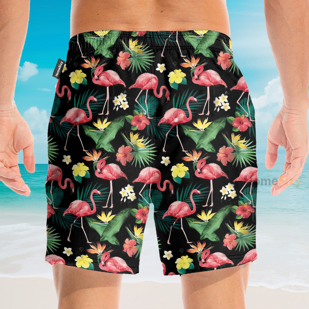 Flamingo Hibiscus Tropical Leaves Pattern - Hawaiian Shirt & Beach Shorts