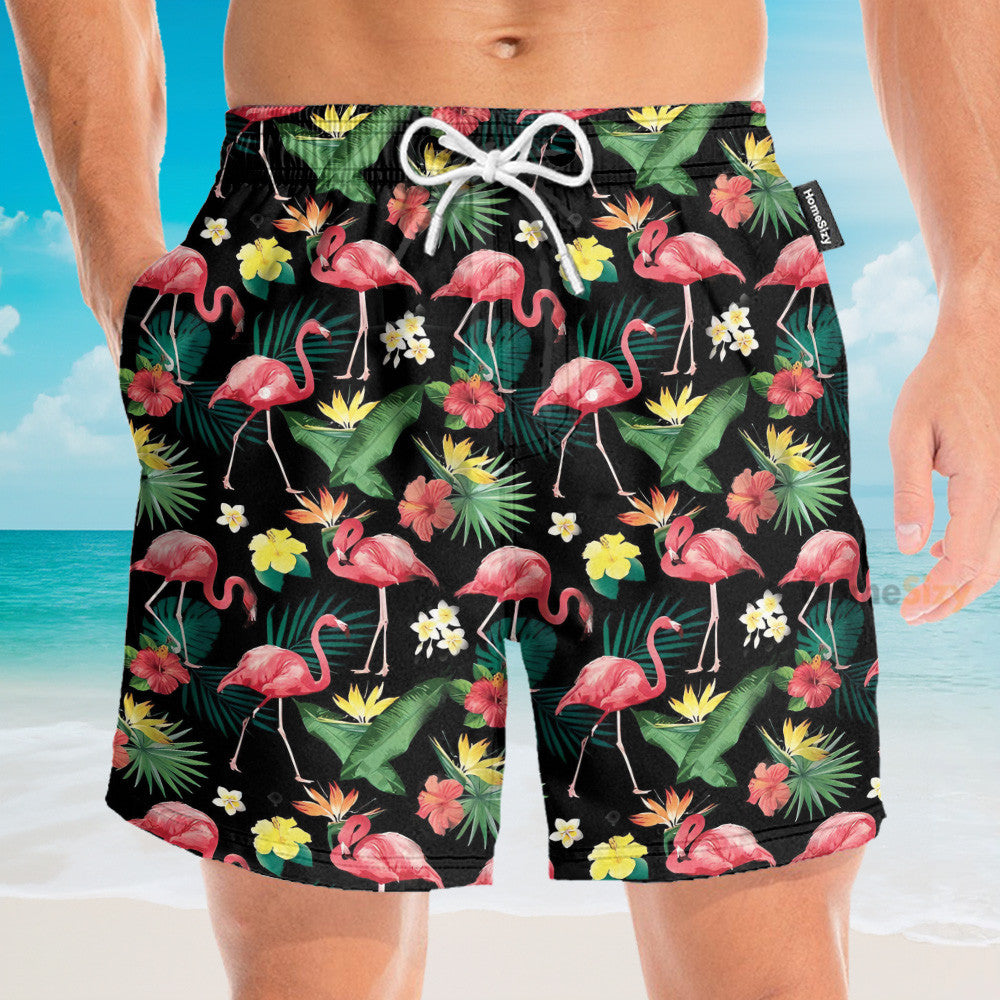 Flamingo Hibiscus Tropical Leaves Pattern - Hawaiian Shirt & Beach Shorts