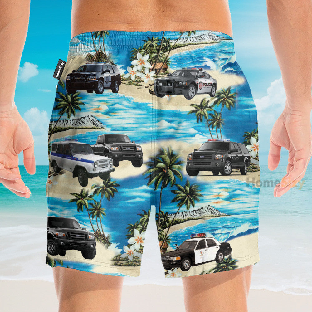 Police Cars On The Beach Tropical - Hawaiian Shirt & Beach Shorts