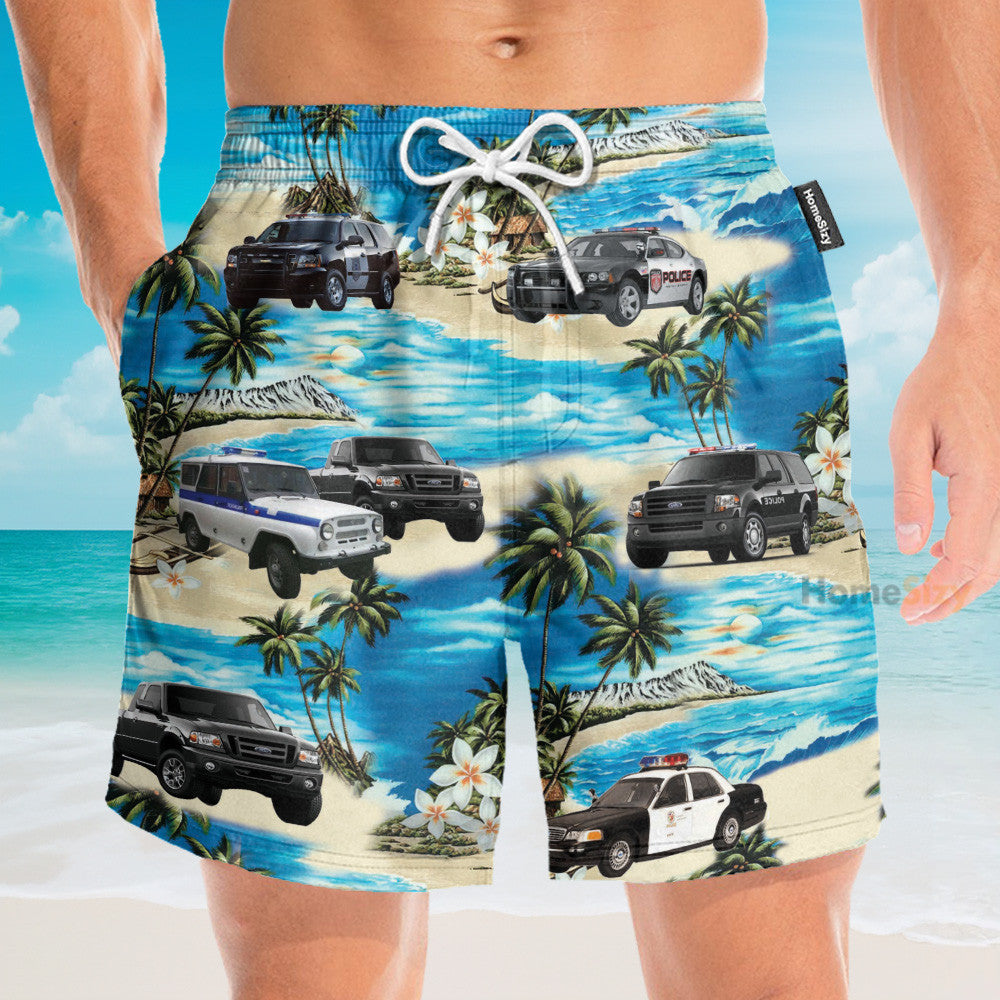 Police Cars On The Beach Tropical - Hawaiian Shirt & Beach Shorts