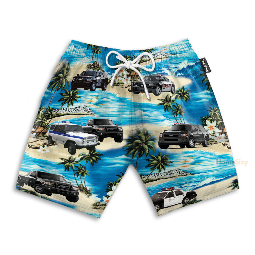Police Cars On The Beach Tropical - Hawaiian Shirt & Beach Shorts