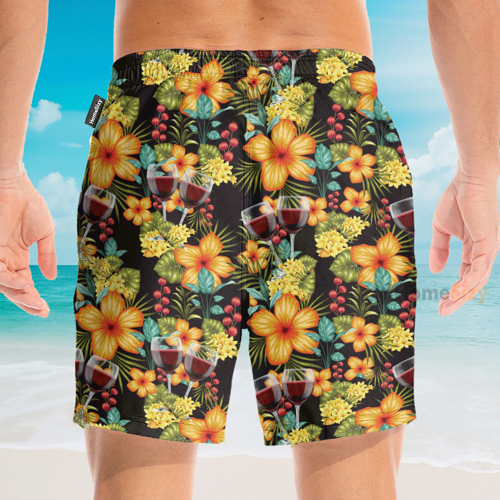 Paradise Red Wine Tropical Flowers Pattern - Hawaiian Shirt & Beach Shorts