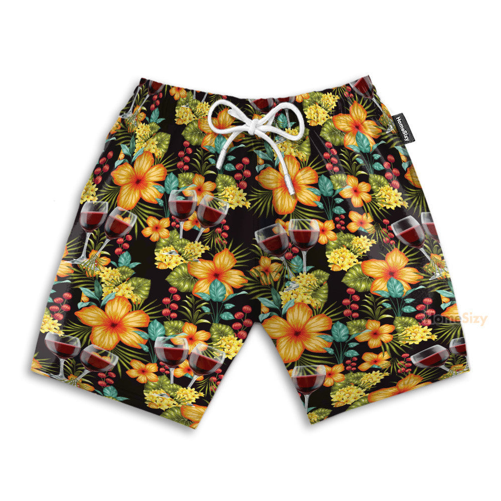 Paradise Red Wine Tropical Flowers Pattern - Hawaiian Shirt & Beach Shorts