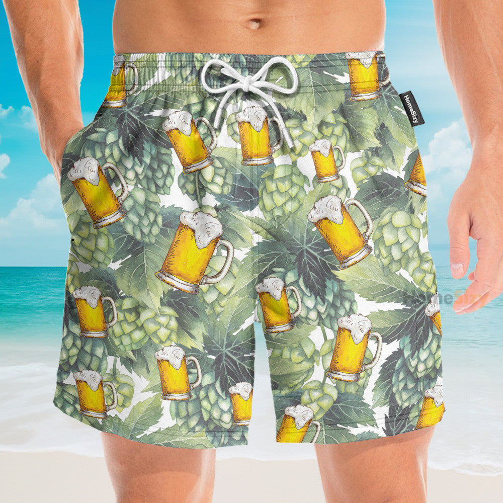 Hops And Craft Beer In Tropical Green Leaves - Hawaiian Shirt & Beach Shorts