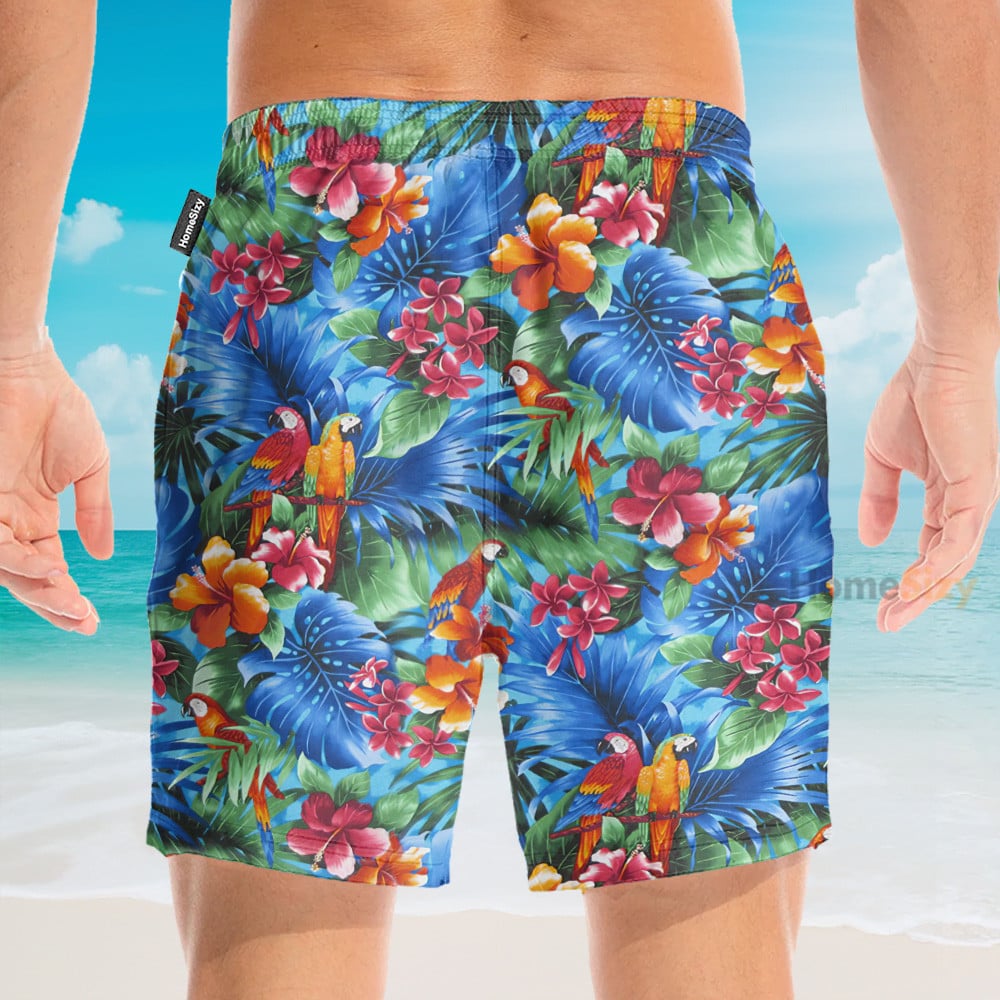 Parrot In Tropical Green Leaves - Hawaiian Shirt & Beach Shorts