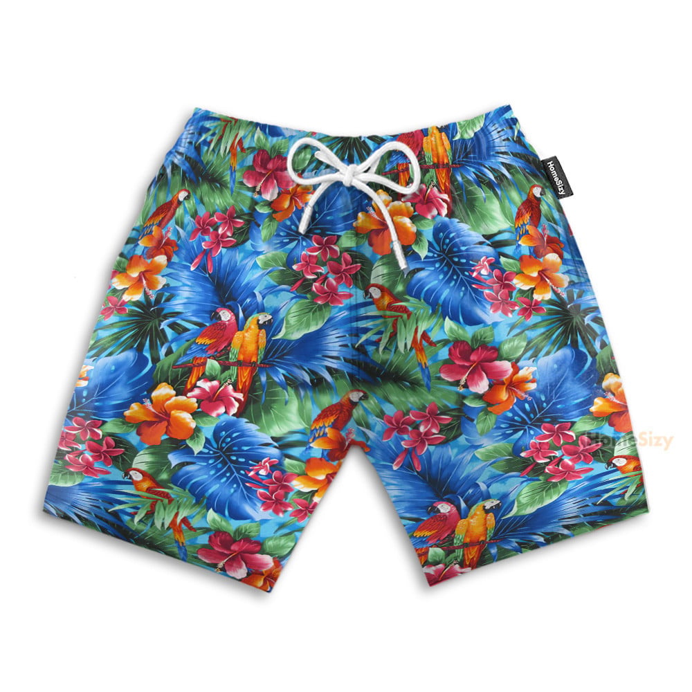 Parrot In Tropical Green Leaves - Hawaiian Shirt & Beach Shorts