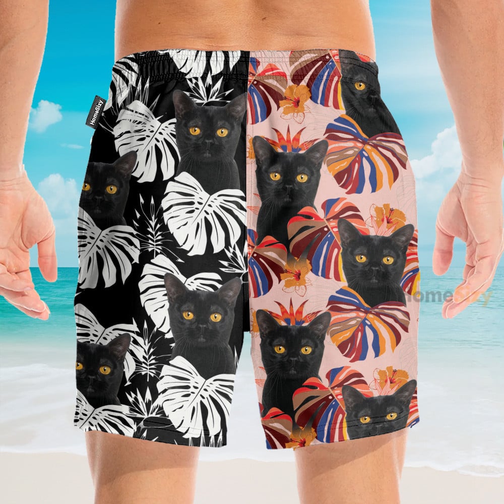 Black Cat Tropical Leaves Pattern - Hawaiian Shirt & Beach Shorts