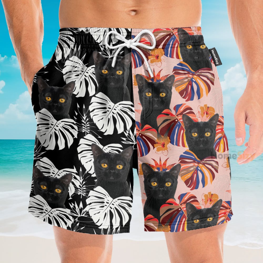 Black Cat Tropical Leaves Pattern - Hawaiian Shirt & Beach Shorts
